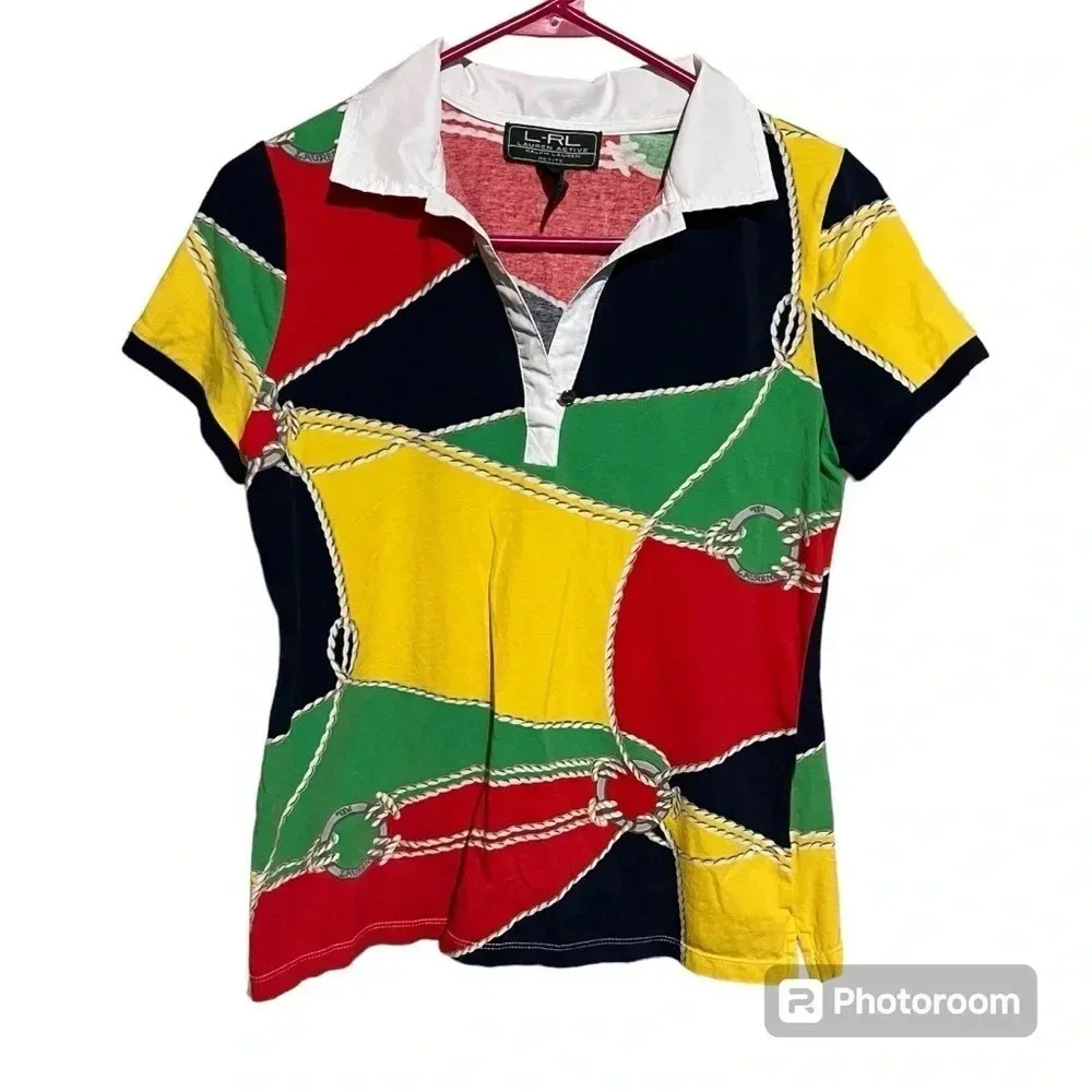 Lauren Ralph Lauren Golf Polo Shirt Womens Petite M Knots Equestrian All Over